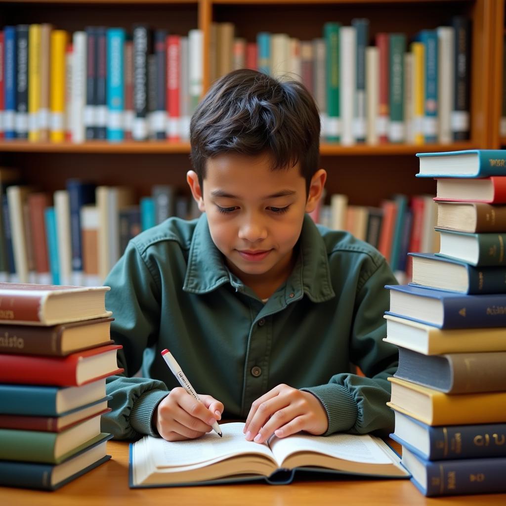 Fourth Grader Exploring Books in Library for Research Project