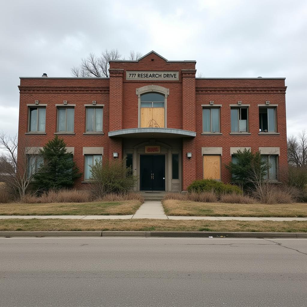 An old, slightly dilapidated building with an overgrown lawn and boarded-up windows, located at 777 Research Drive, Lincoln, Nebraska. The street is empty, and the atmosphere is eerie and abandoned.