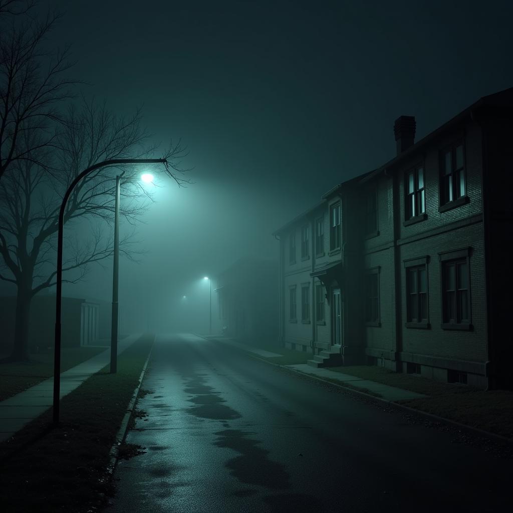 Night view of 8220 Research Blvd, shrouded in mist and illuminated by a lone streetlight, with an eerie glow emanating from the building.