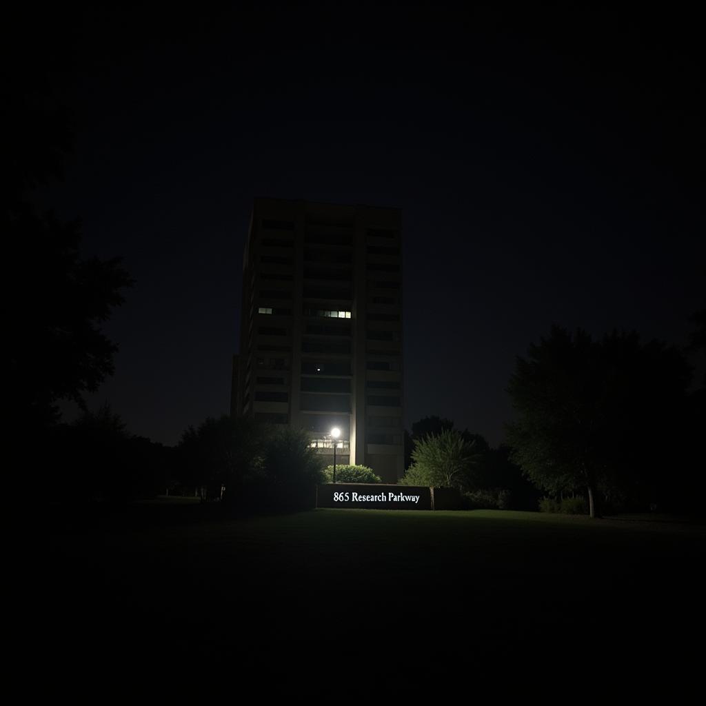 Nighttime view of the 865 Research Parkway building showing a dimly lit facade and an eerie atmosphere.