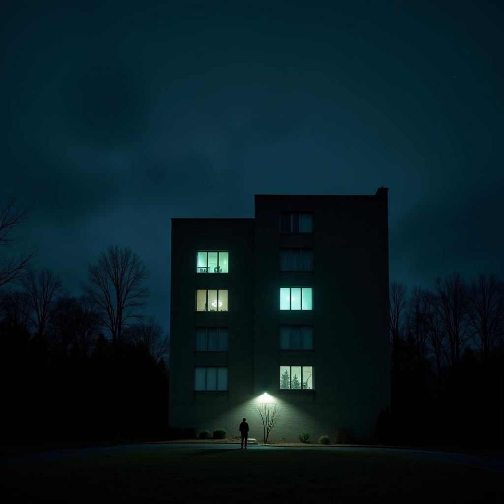 Exterior view of 9550 Research Drive at night