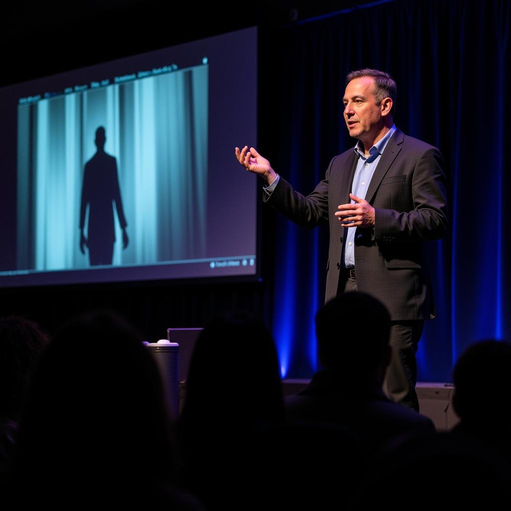 Aaron Esser-Kahn delivering a presentation on his paranormal research findings