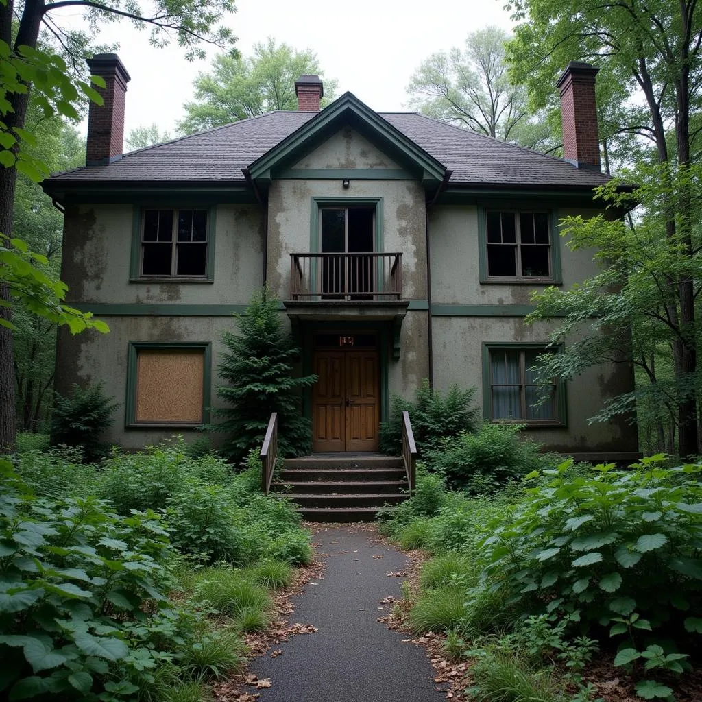 An abandoned animal research center building stands dilapidated and overgrown.