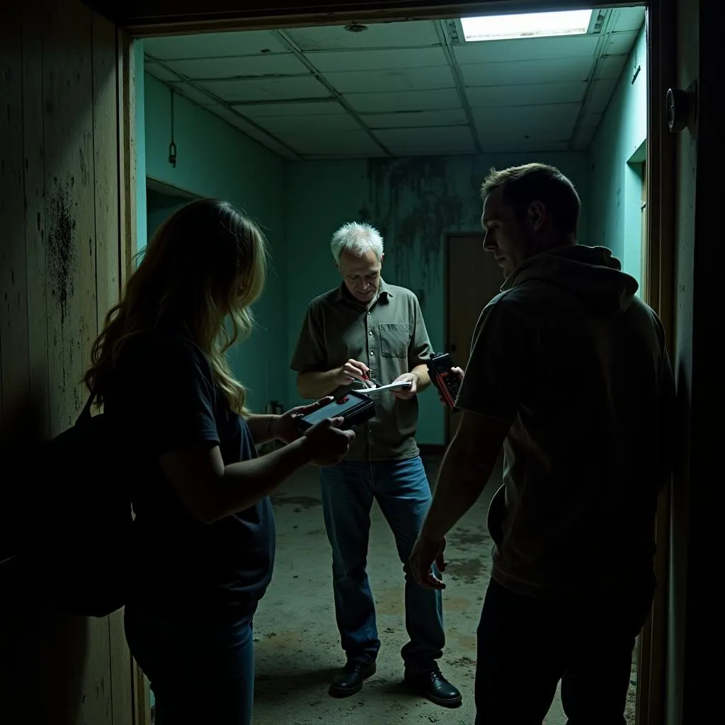 Researchers measuring EMF levels in an abandoned asylum