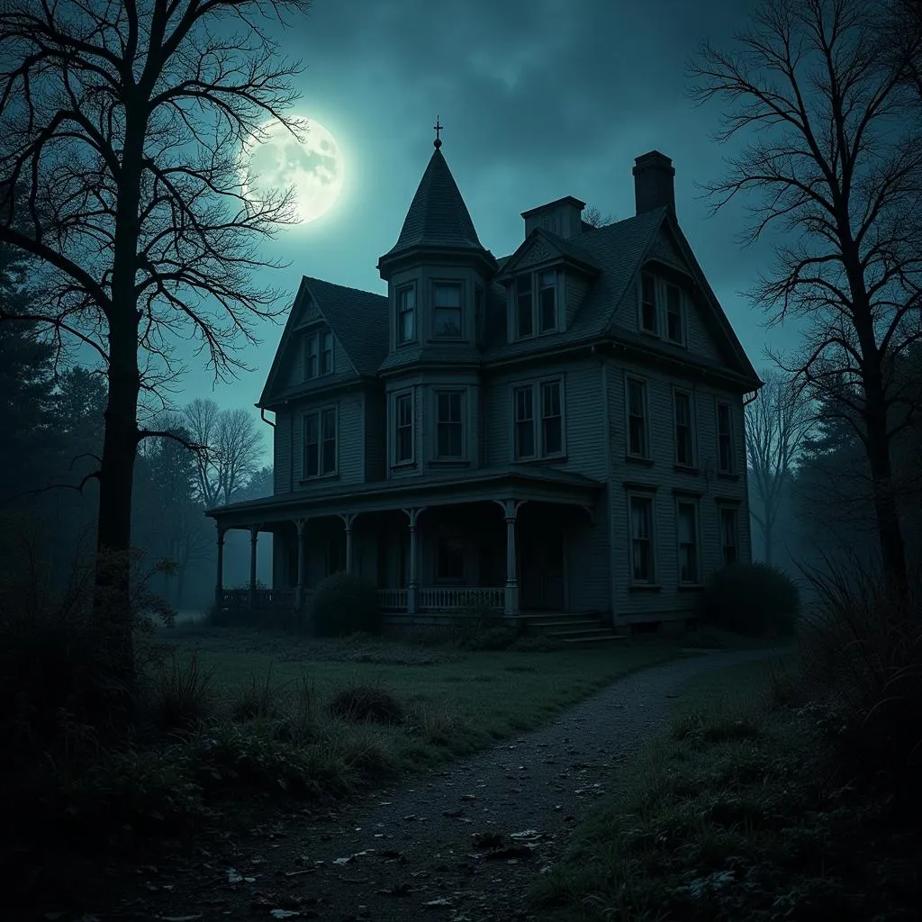 An abandoned, dilapidated house stands silhouetted against a full moon, surrounded by an overgrown yard