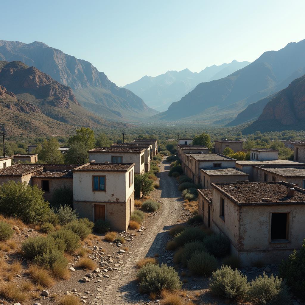 An abandoned town nestled in an intermountain valley, with dilapidated buildings and an eerie silence