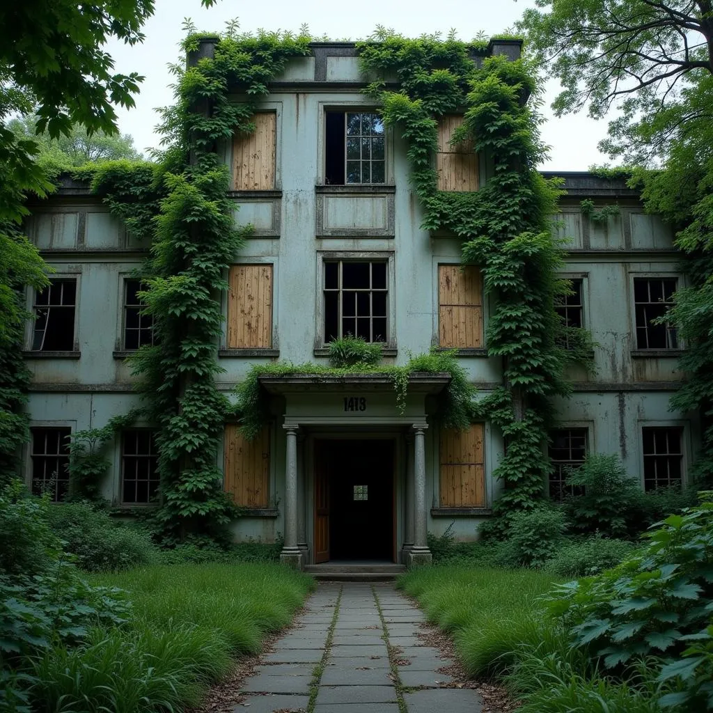 Abandoned laboratory building overgrown with vines