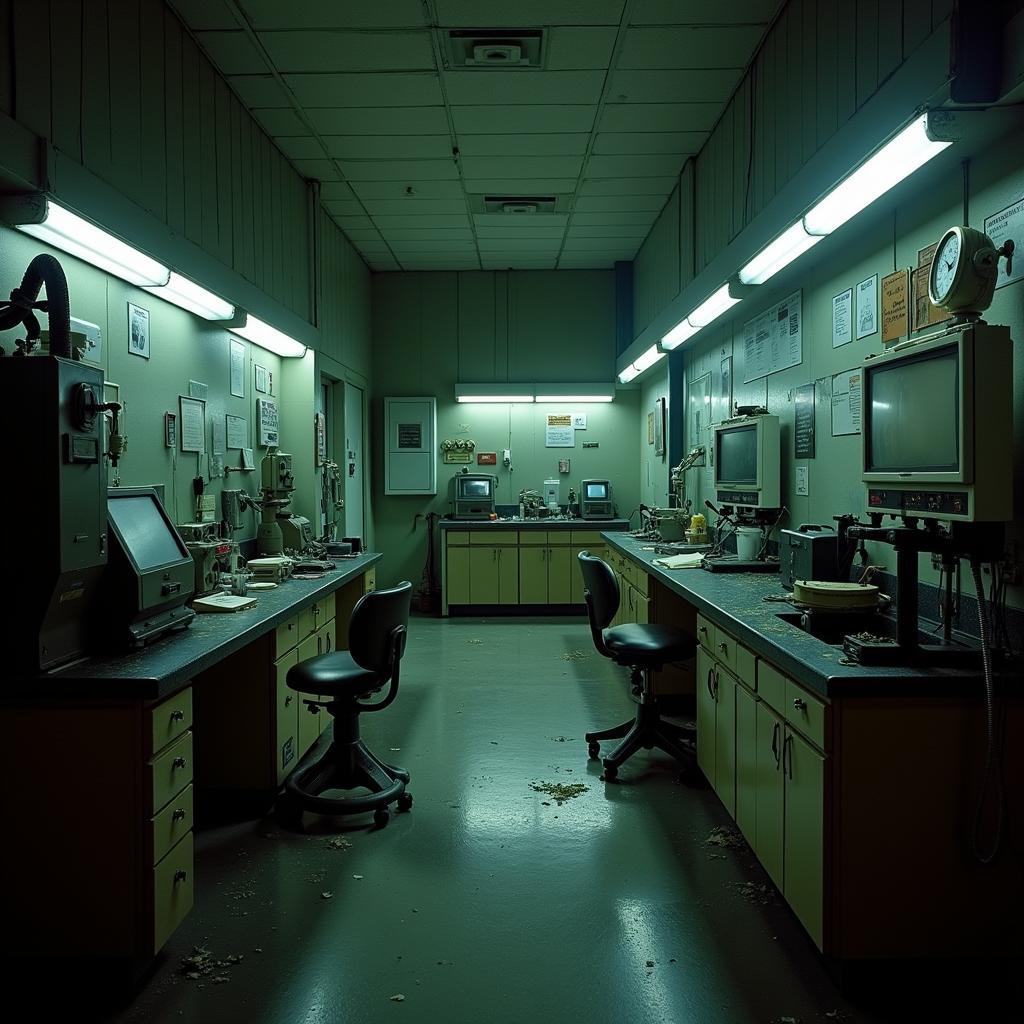 An abandoned laboratory, its equipment gathering dust, stands as a testament to forgotten experiments.