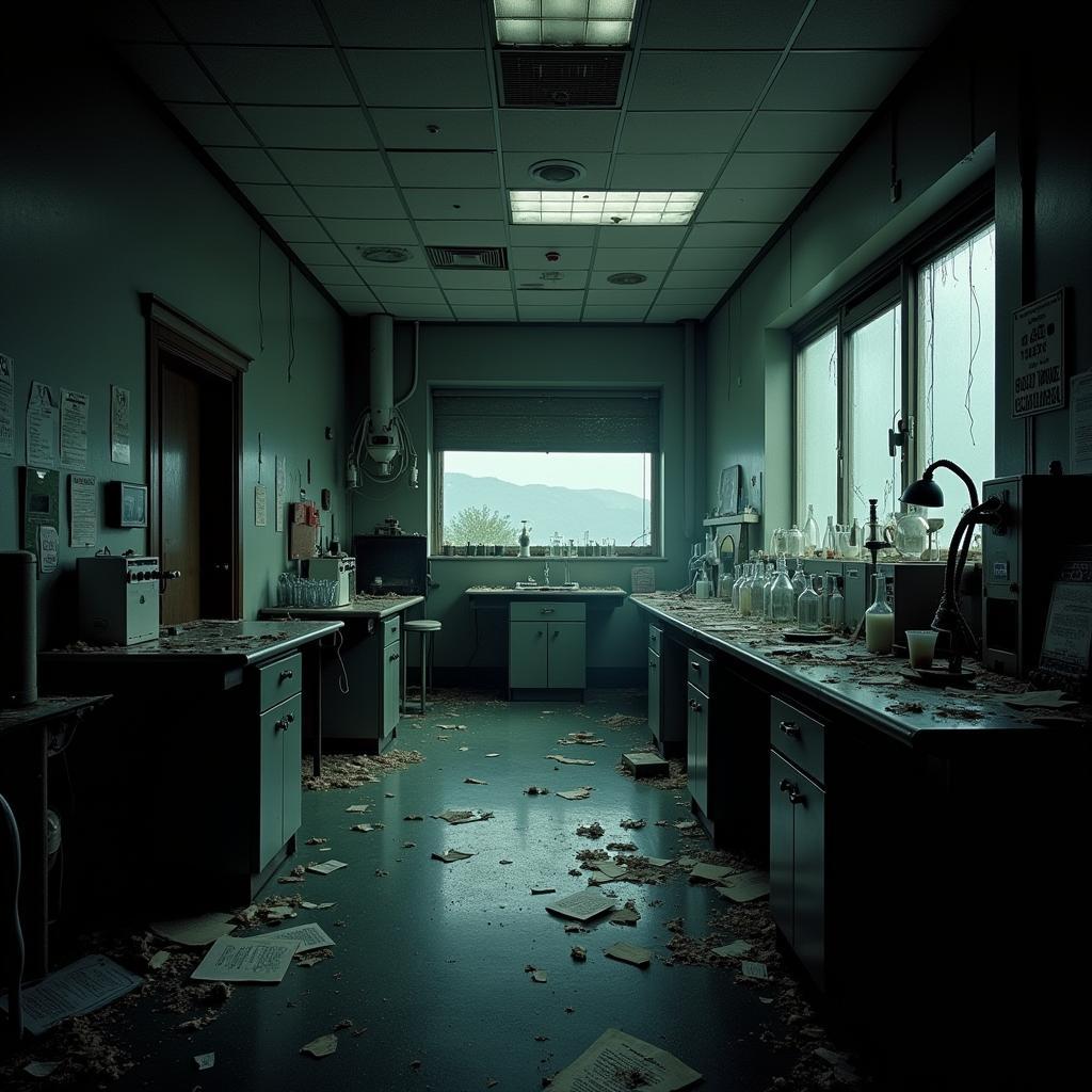 A dimly lit laboratory interior with dusty equipment, broken glassware, and scattered documents. Cobwebs hang from the ceiling, and shadows dance in the corners, creating an unsettling atmosphere.