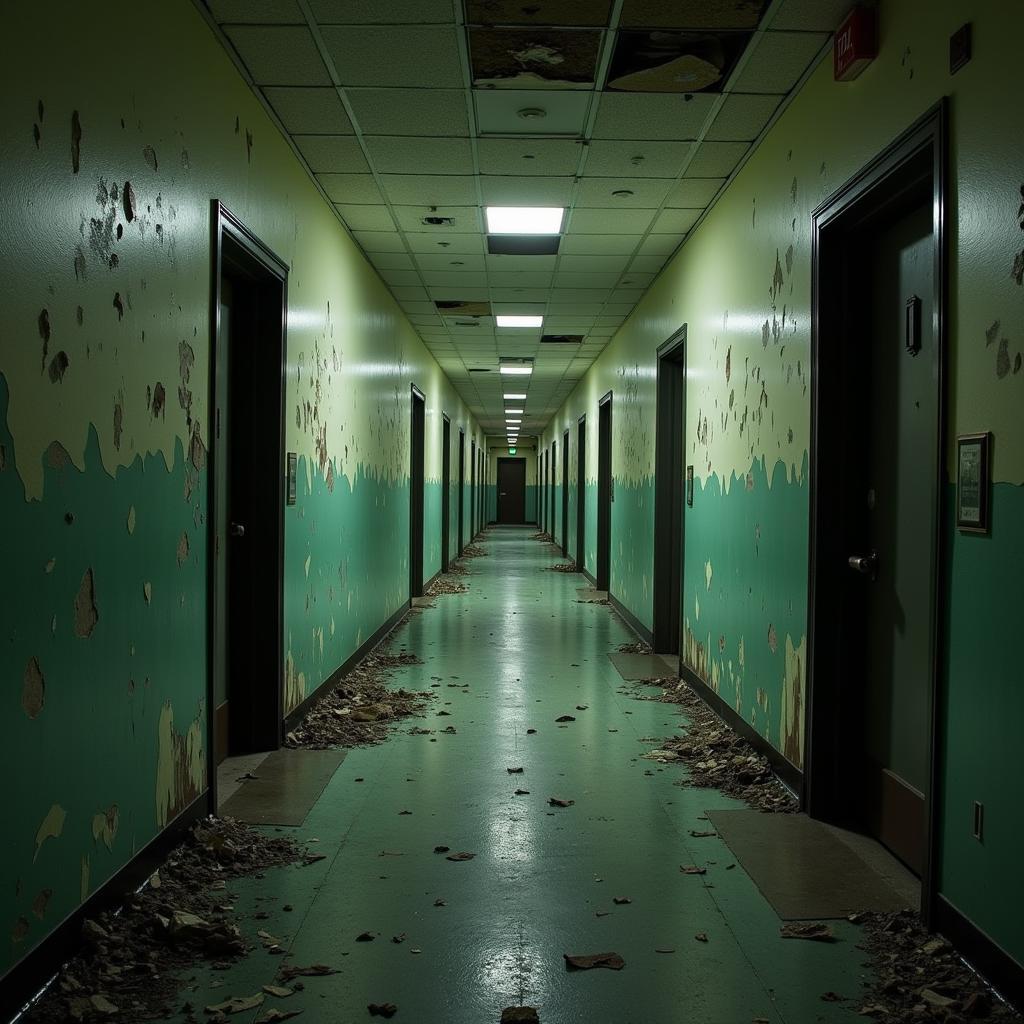 An empty hallway in an abandoned psychiatric center