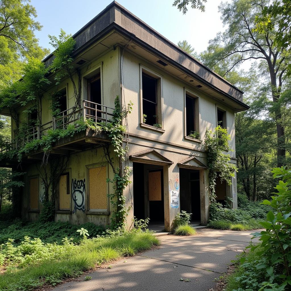 A dilapidated building, partially reclaimed by nature, with boarded-up windows and graffiti on the walls, set against the backdrop of the dense forest.