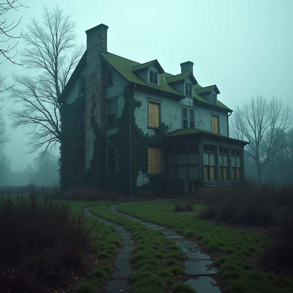 An abandoned research facility shrouded in mist, located in Monroe Township