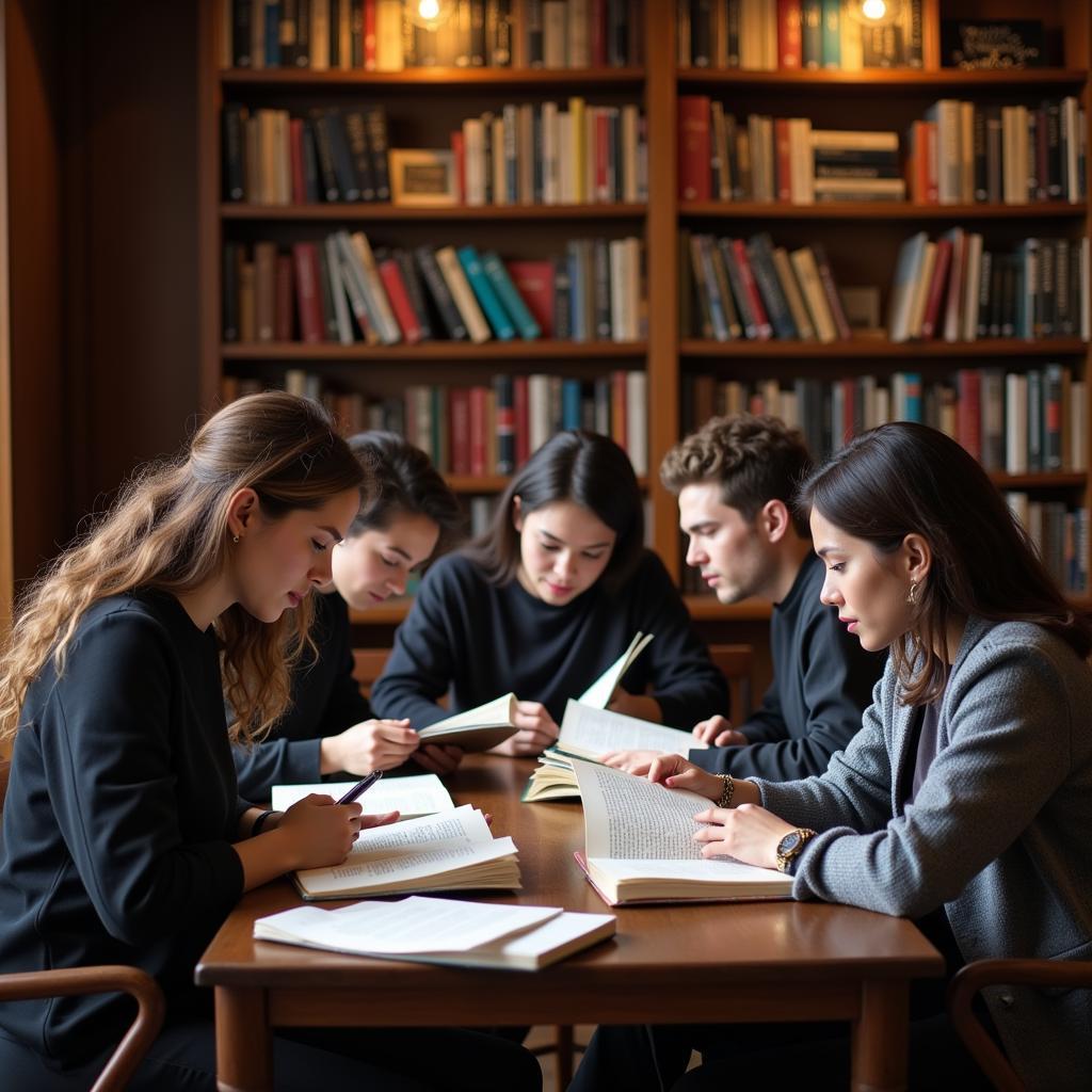 Academics engrossed in reading monographs within a library setting