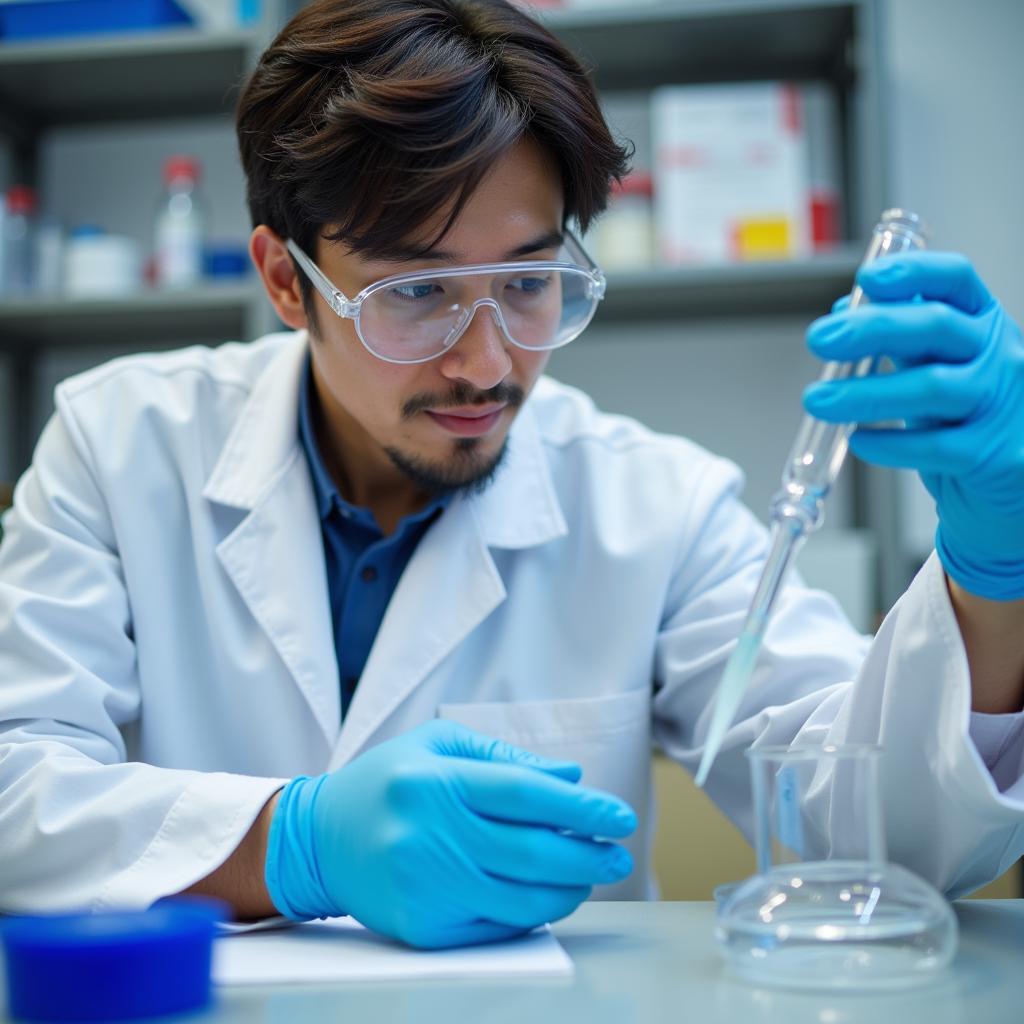 Scientist conducting an experiment with precise measurements