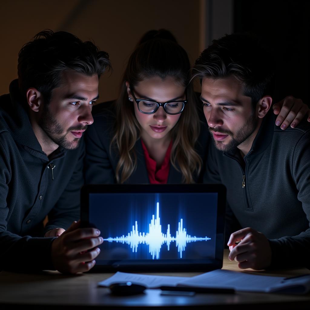 Paranormal investigators discussing findings