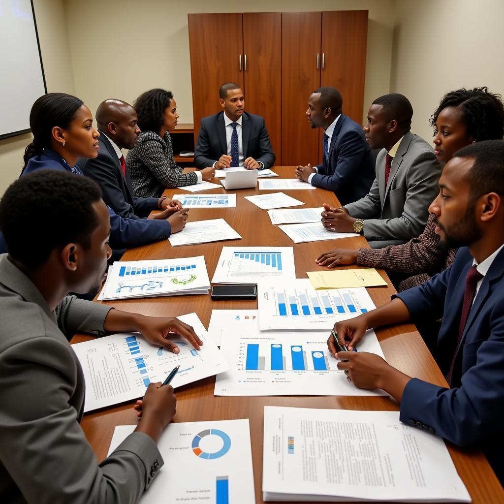 Group of economists engaged in discussion