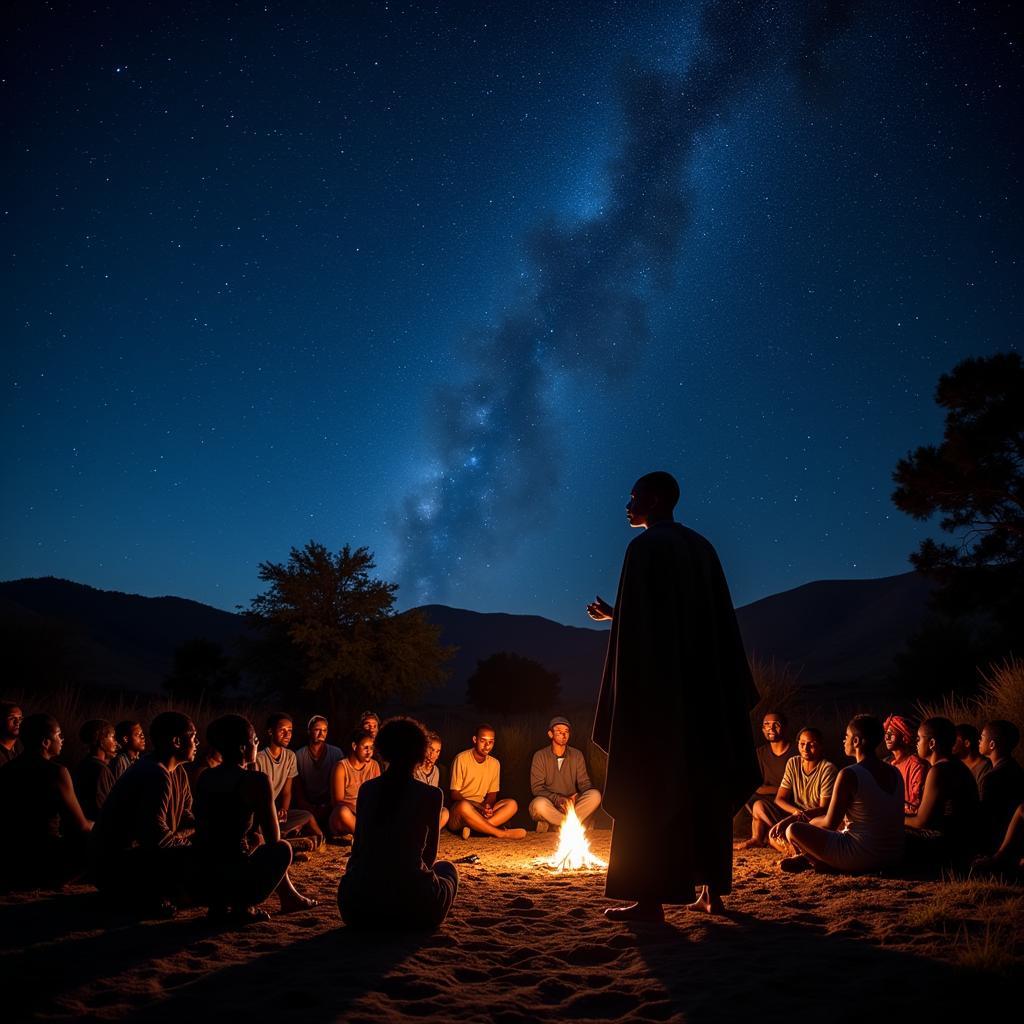 African storyteller captivating an audience in a village