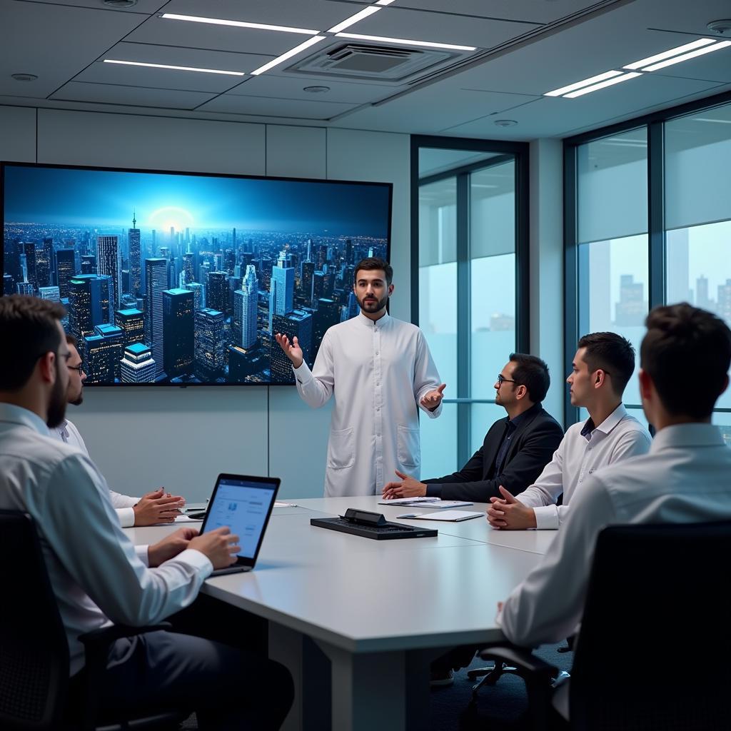 AI Research Director leading a team meeting in Saudi Arabia