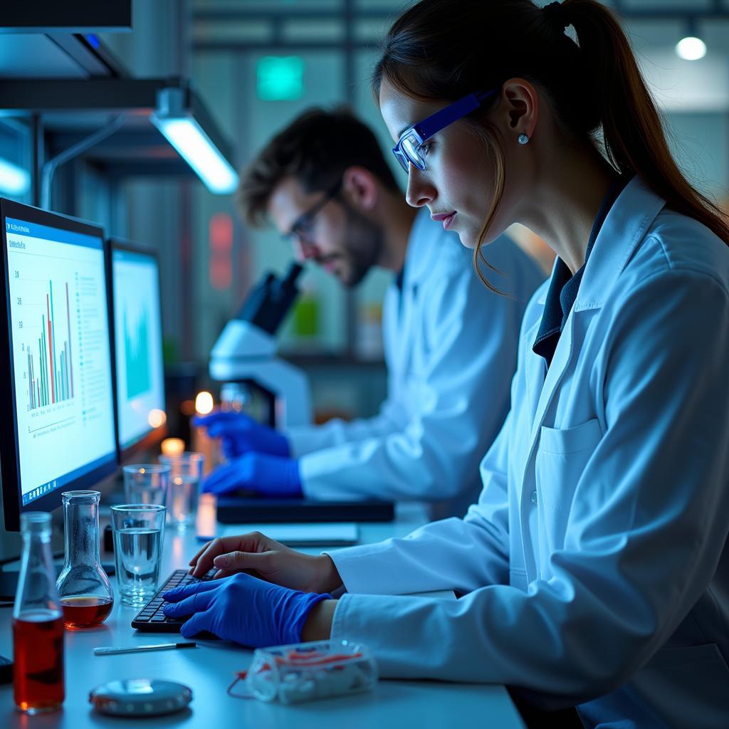 Scientists conducting alcoholism research in a laboratory.