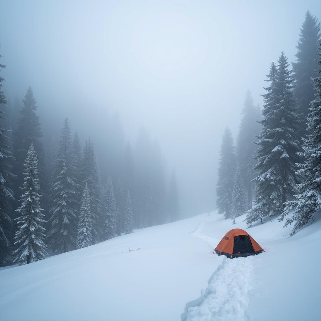 Outdoor Research alpine bivy pitched in a misty forest, shrouded in an eerie fog