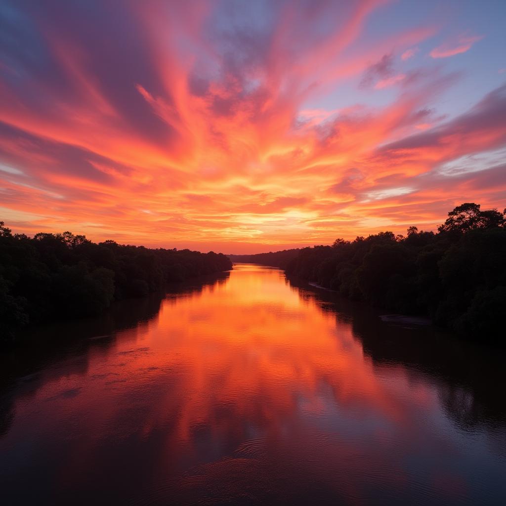 Sunset over the Amazon River with the reflection of the colorful sky on the water