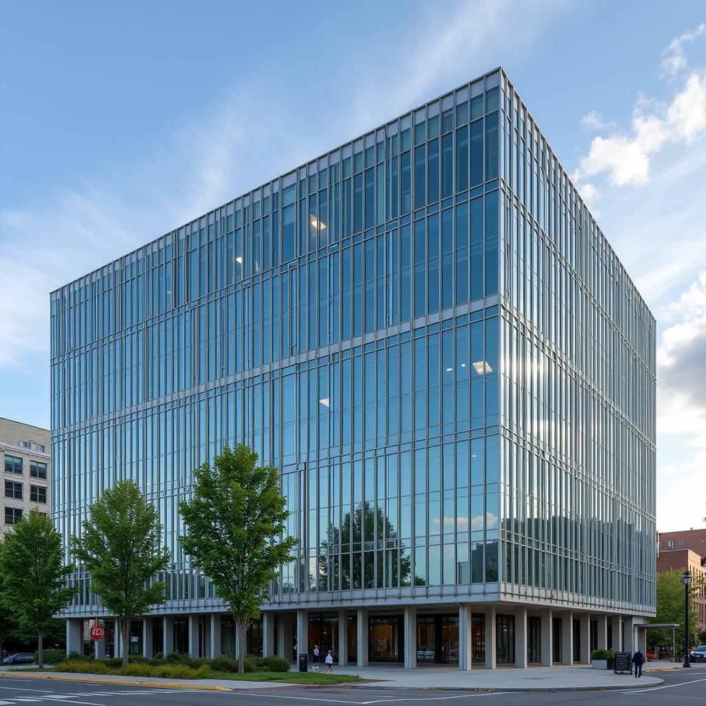 The imposing exterior of the American Glass Research Building in Pennsylvania, its windows reflecting the changing sky.