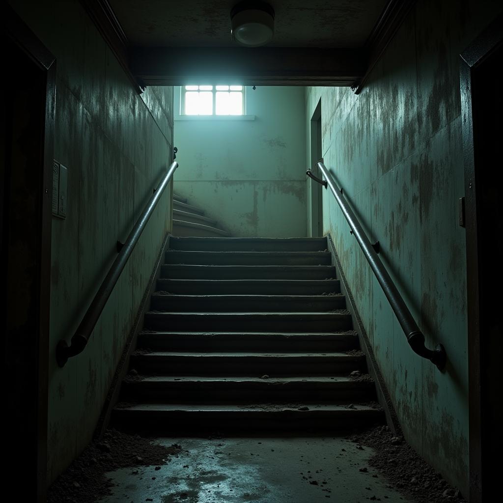 A dimly lit stairwell inside the American Glass Research Building, with dust motes dancing in the air and an unsettling silence.