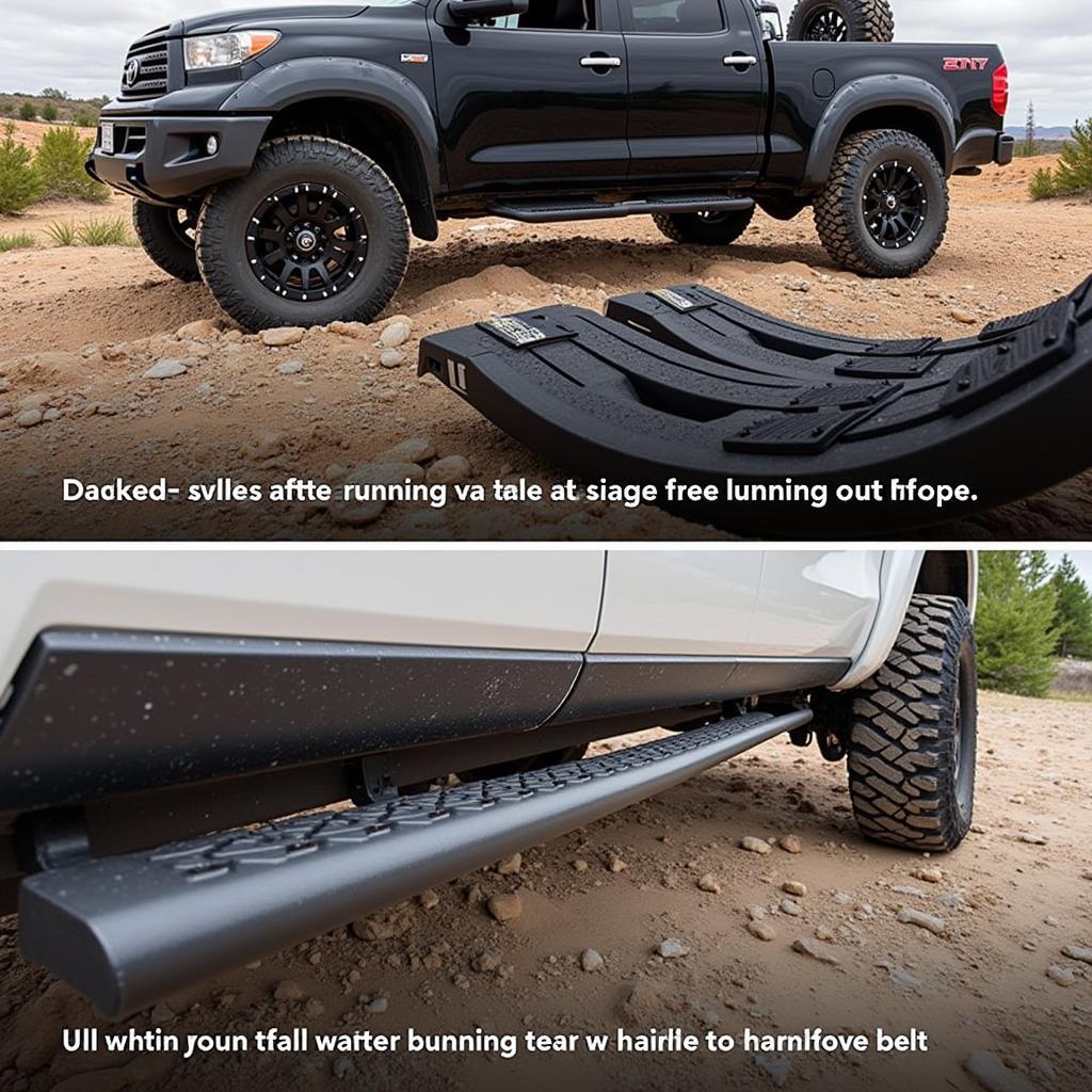 AMP Research Extreme running boards on a truck navigating a rugged off-road trail