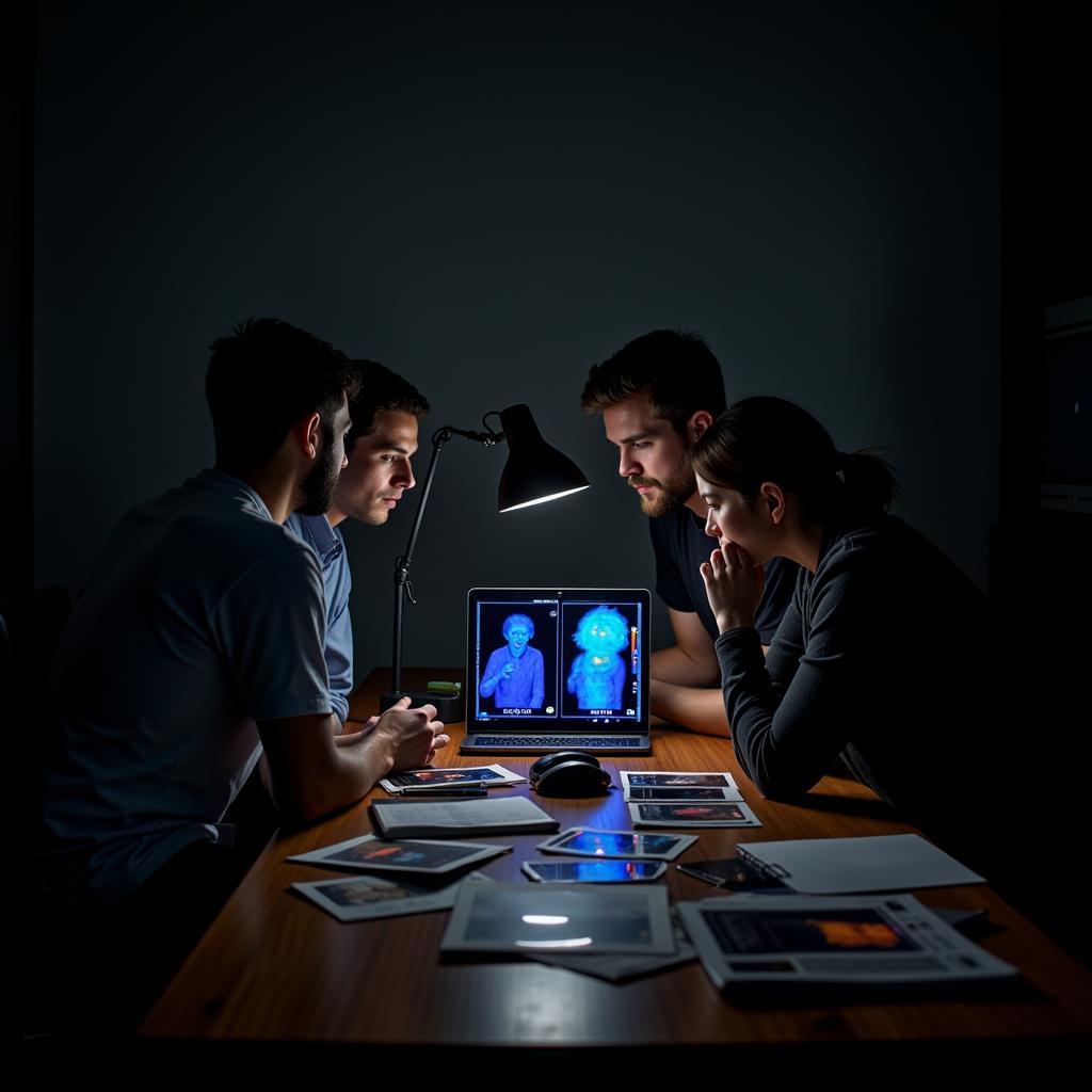 A group of paranormal investigators reviewing audio recordings and thermal images in a dimly lit room.