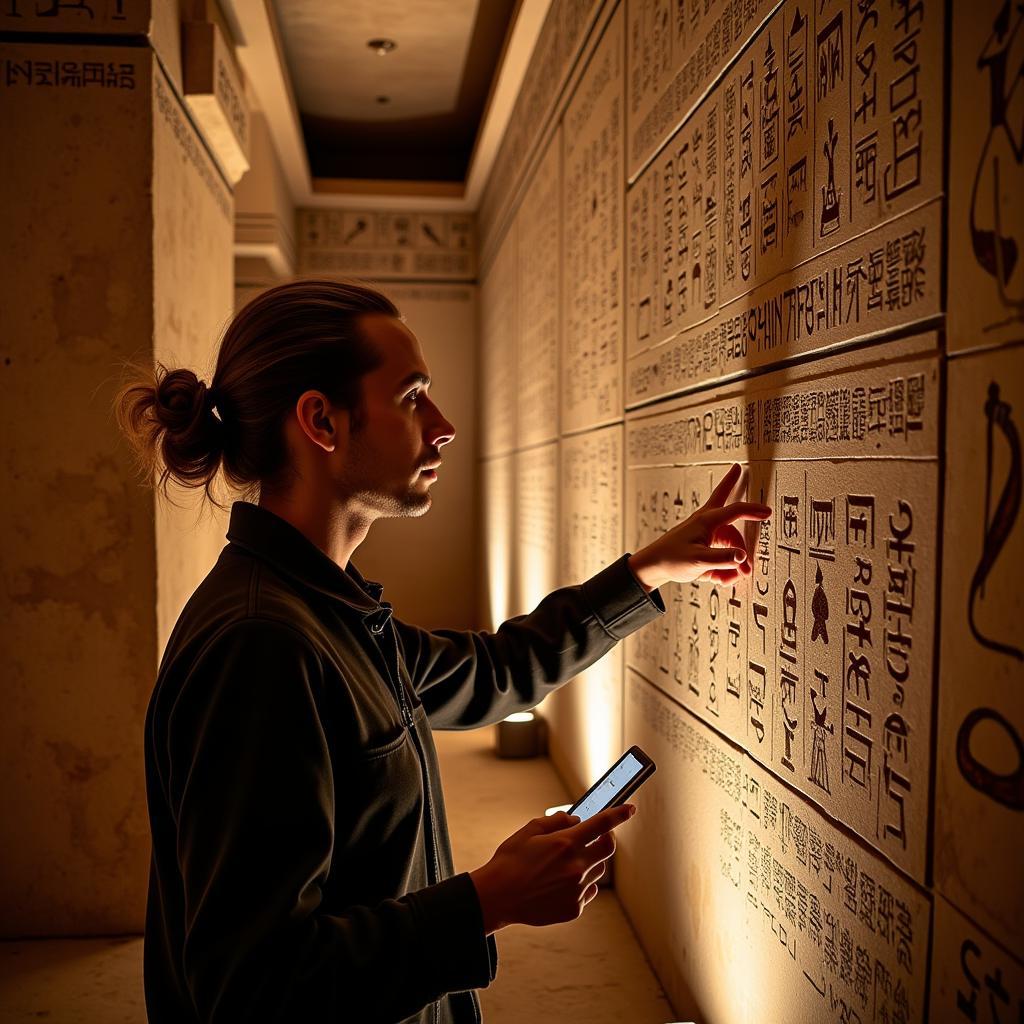 A researcher carefully examines hieroglyphs on an ancient Egyptian tomb