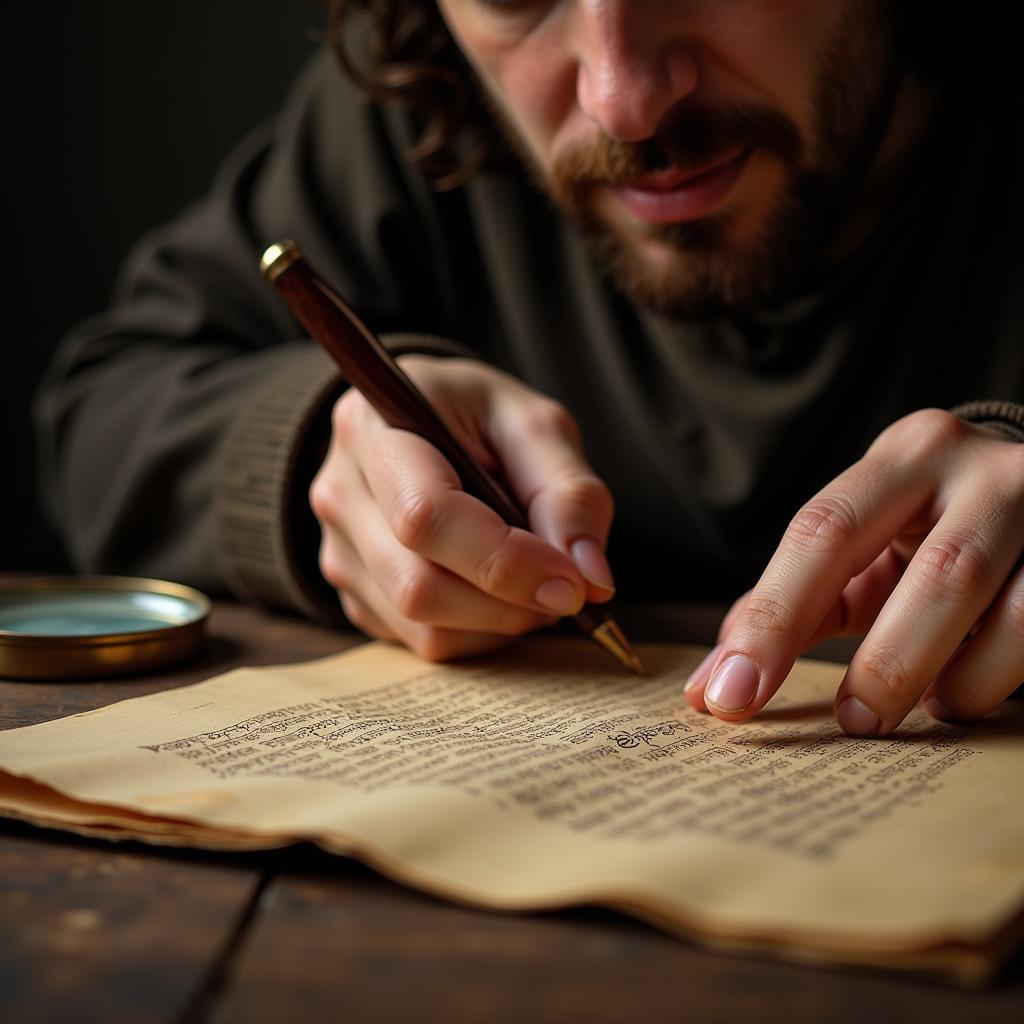 A scholar meticulously translating an ancient scroll with the aid of a magnifying glass