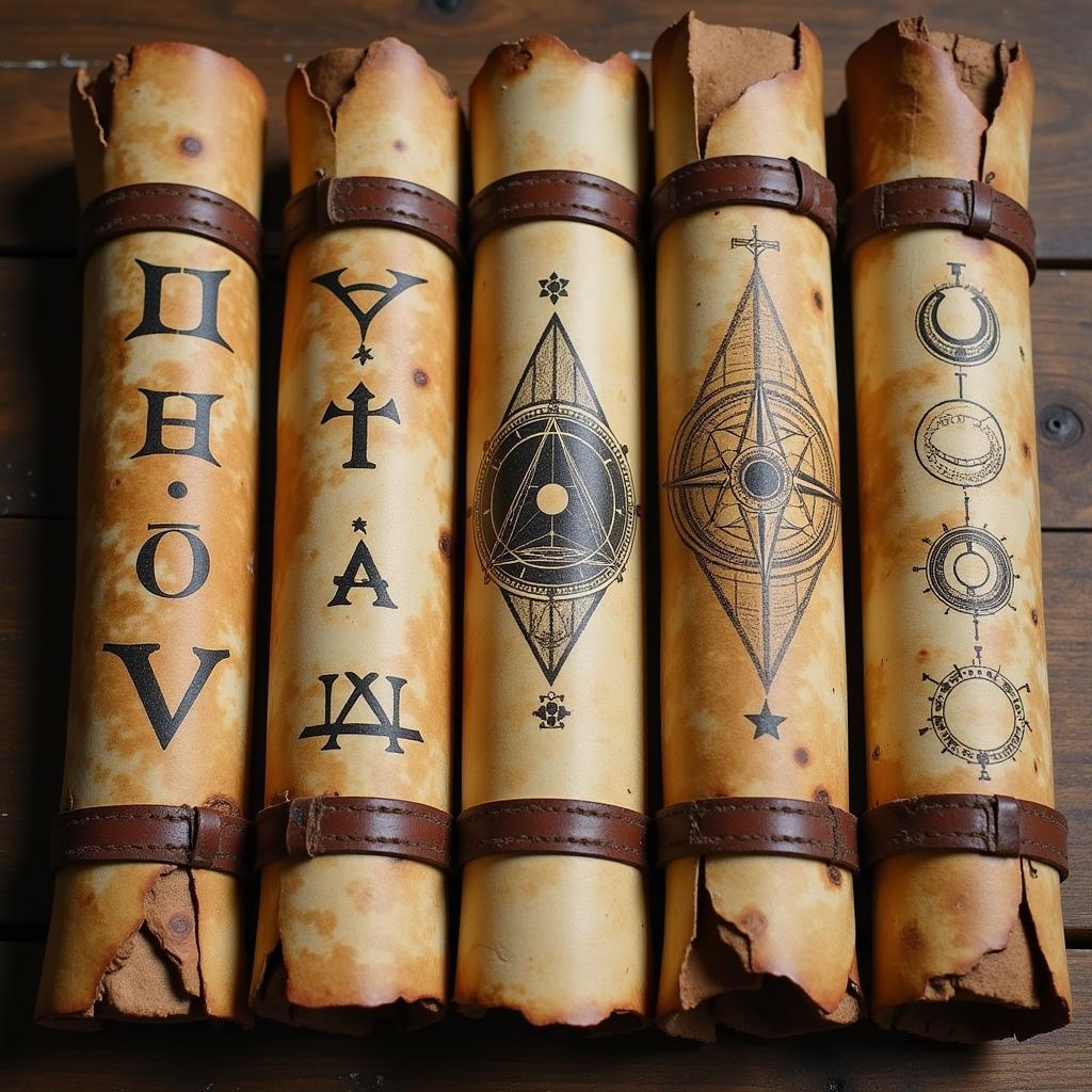 Ancient scrolls adorned with intricate symbols associated with magical practices