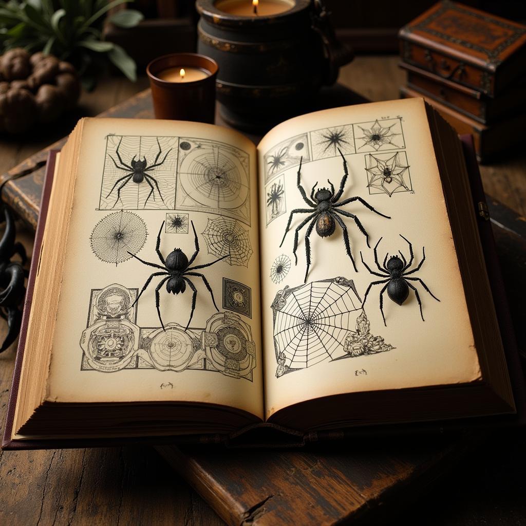 An open book depicting ancient symbols and illustrations related to spider mythology.