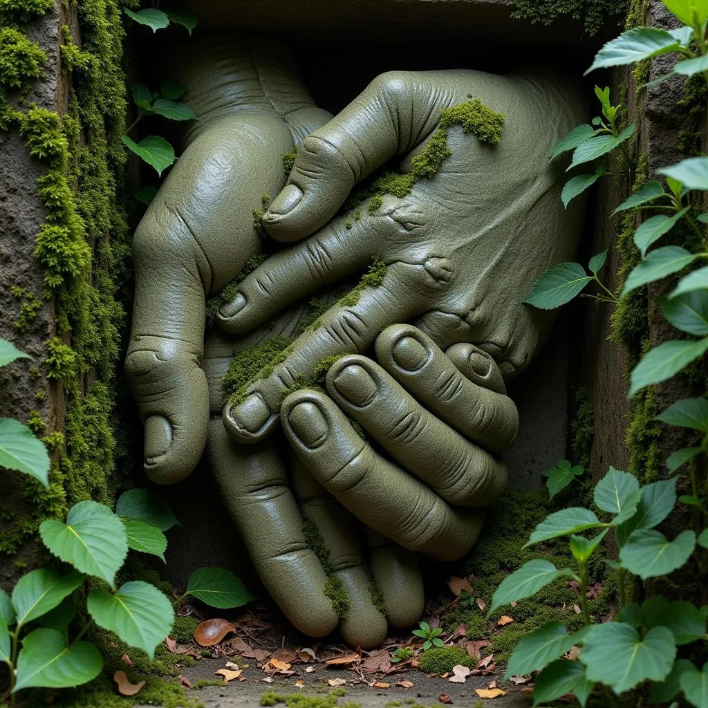 Ancient carving of two hands clasped in stone