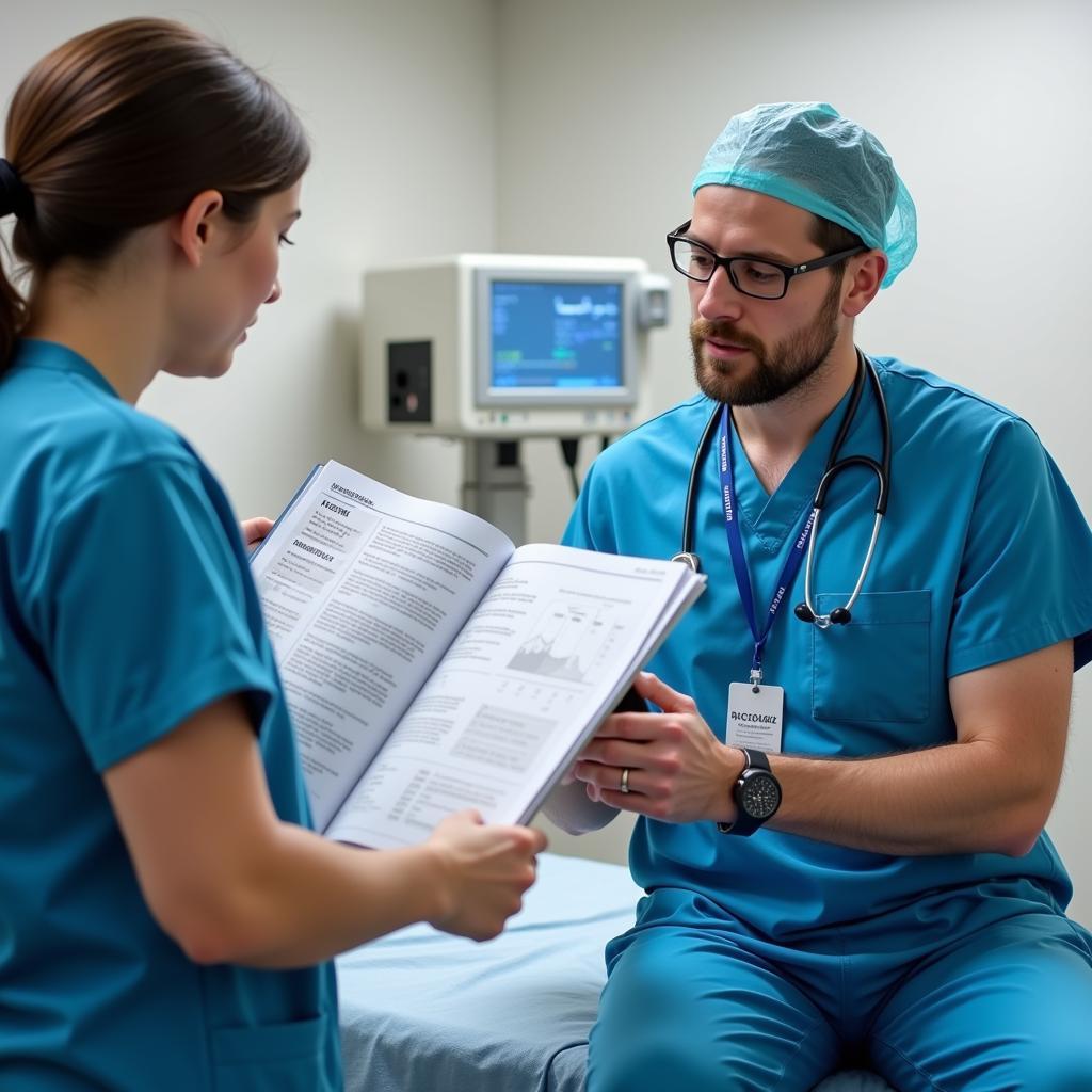 Experienced anesthesiologist mentoring a medical student