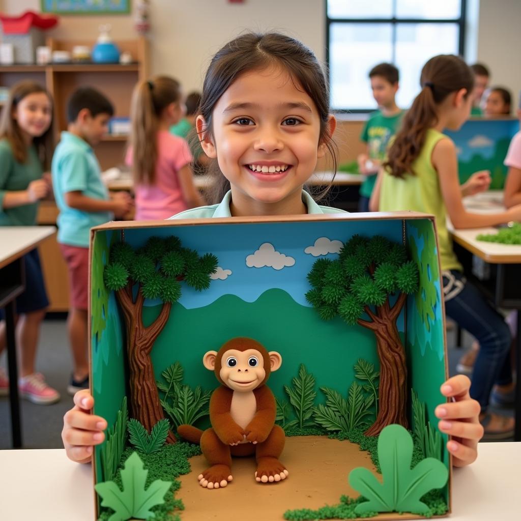 Third grader presenting animal diorama