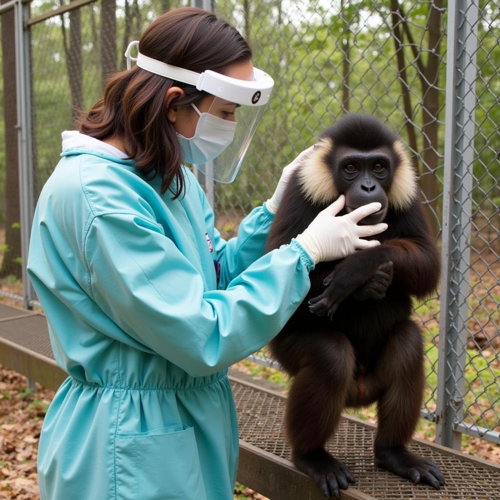 Animal welfare specialist interacting with a primate at Tulane National Primate Research Center