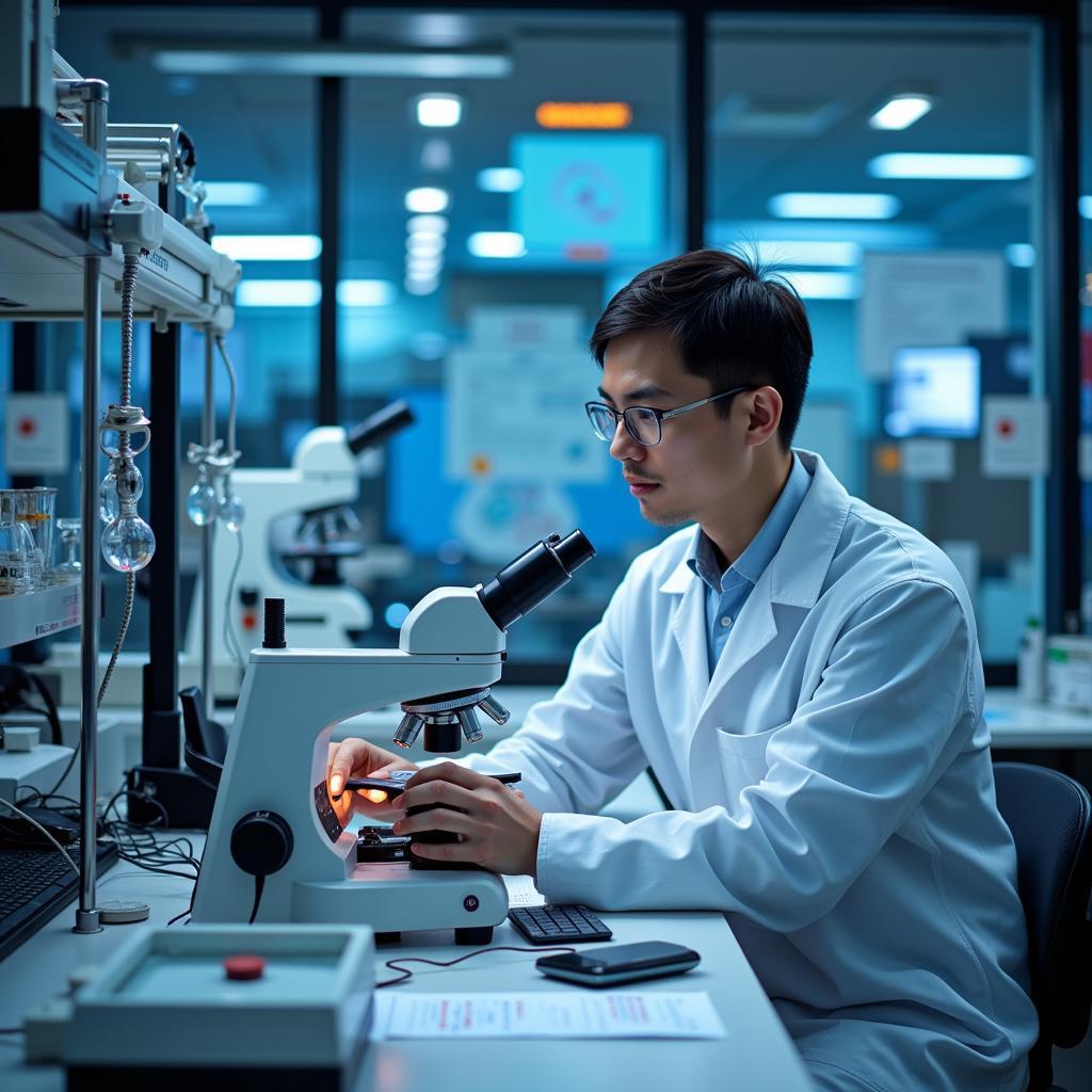 A scientist conducting research on antibodies in a laboratory