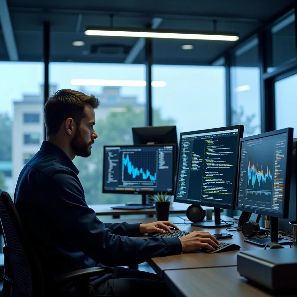 Apple research scientist analyzing data on multiple monitors