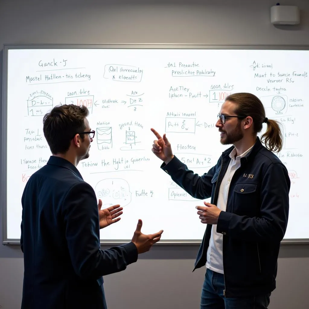 Two Apple research scientists brainstorming ideas in front of a whiteboard