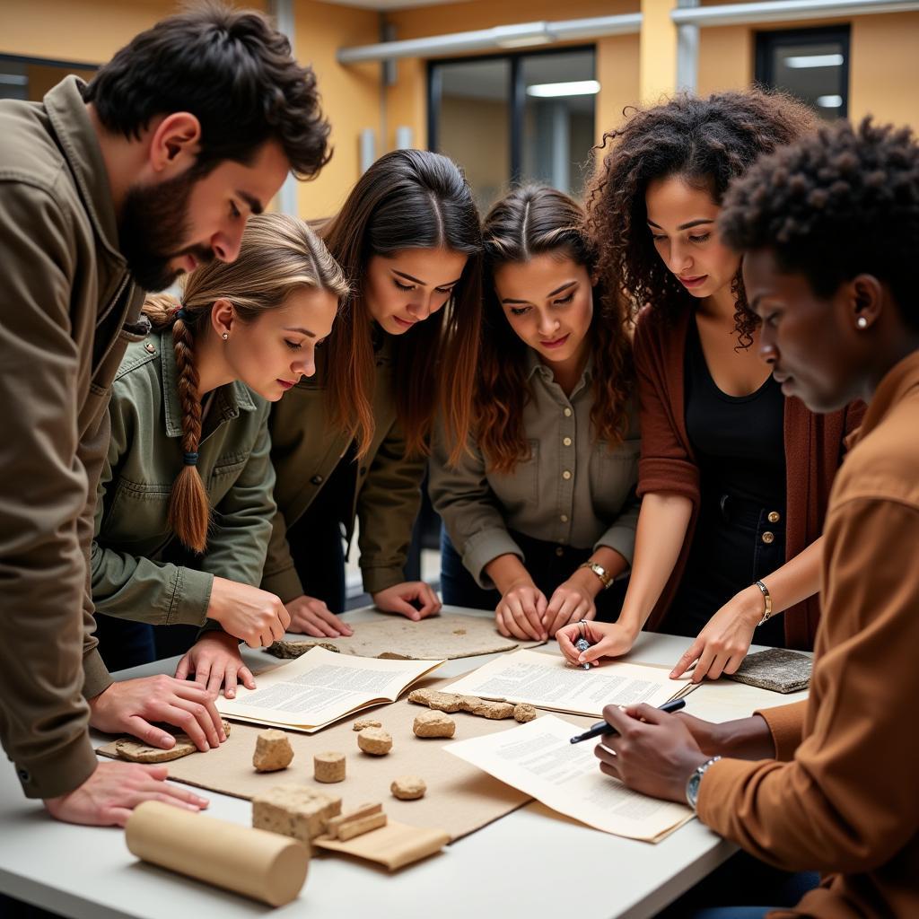 Archaeological research team collaborating in a lab