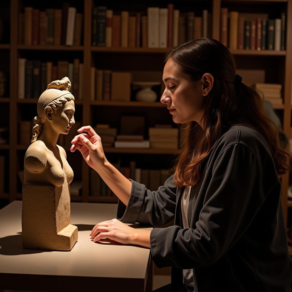 Art Historian Examining an Ancient Sculpture in a Museum Archive