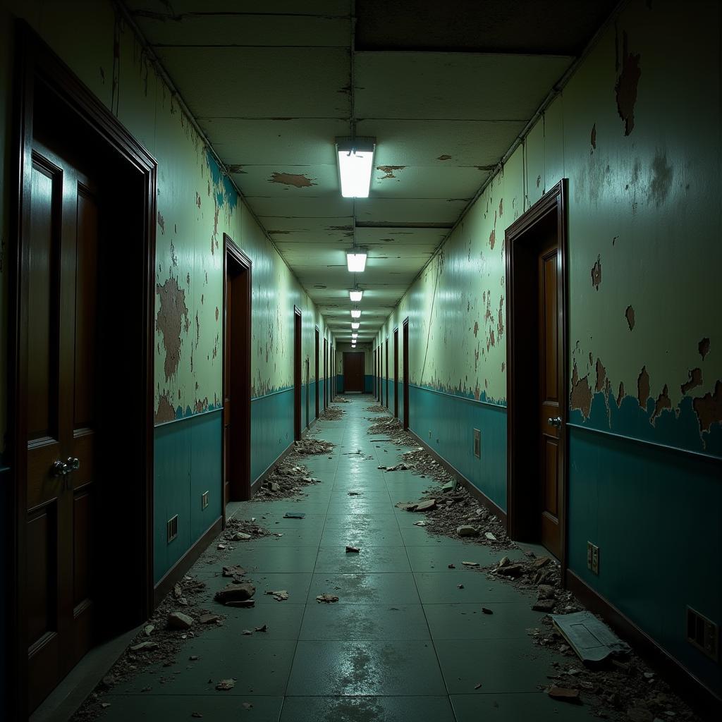 Dark and eerie hallway inside Ashika Research Center