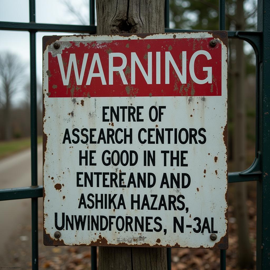 Weathered sign warning of danger at Ashika Research Center