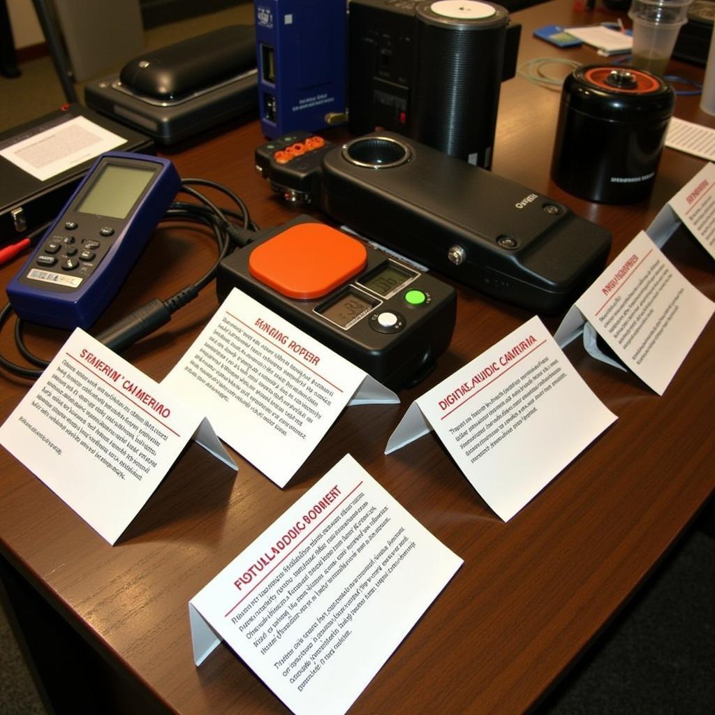 A table showcasing an array of equipment used for paranormal investigation