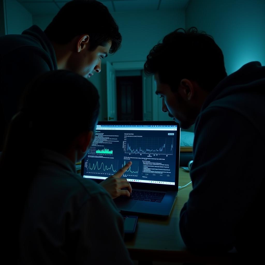 Members of the Atkins Research Group reviewing data on a laptop in a dimly lit room