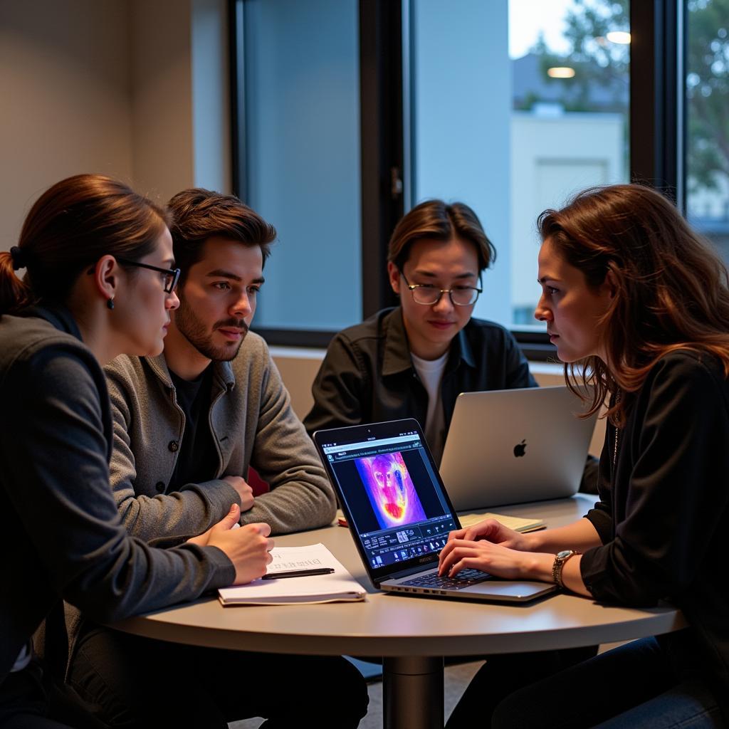 Team members reviewing audio recordings and thermal images on computer screens