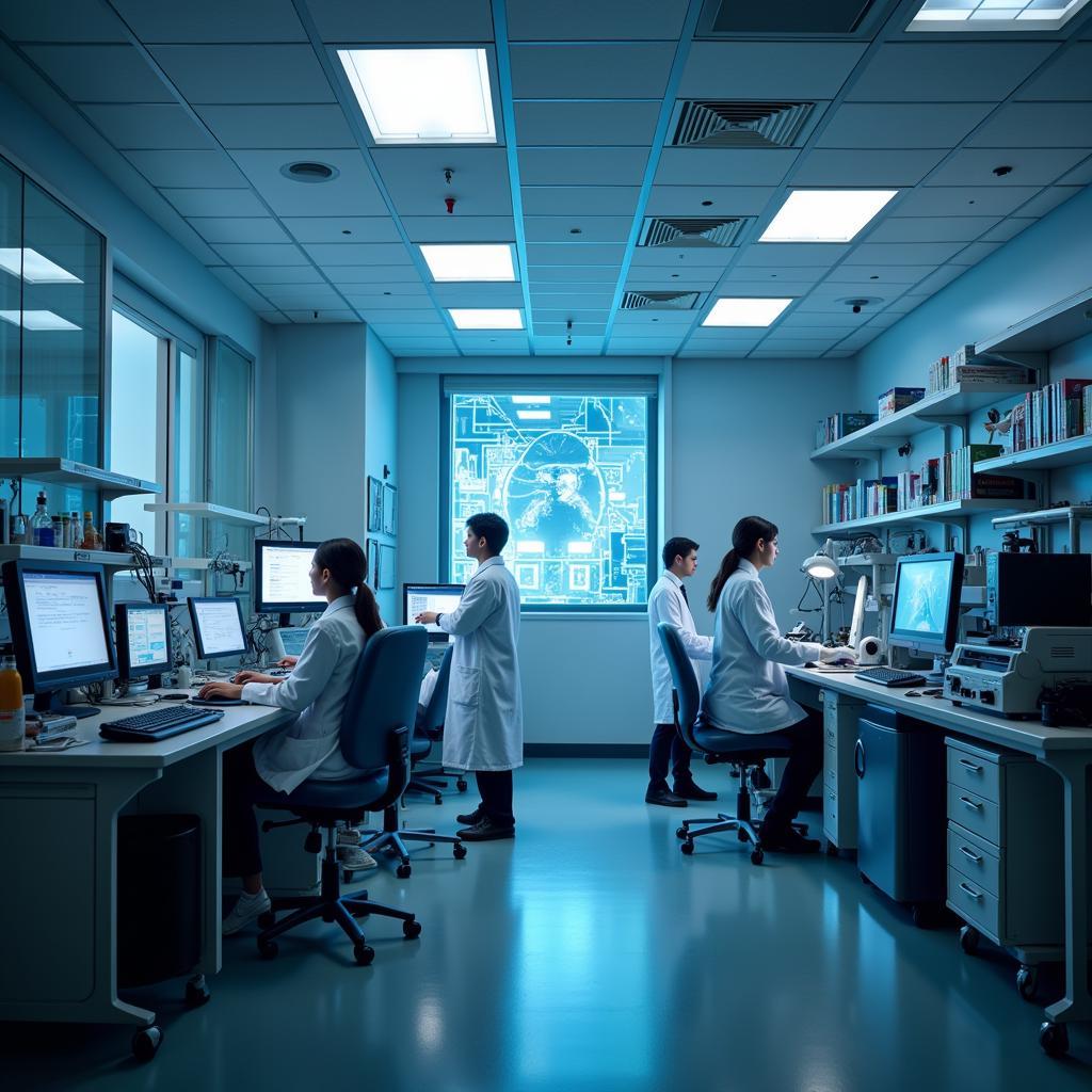 Scientists working in an audiology research lab