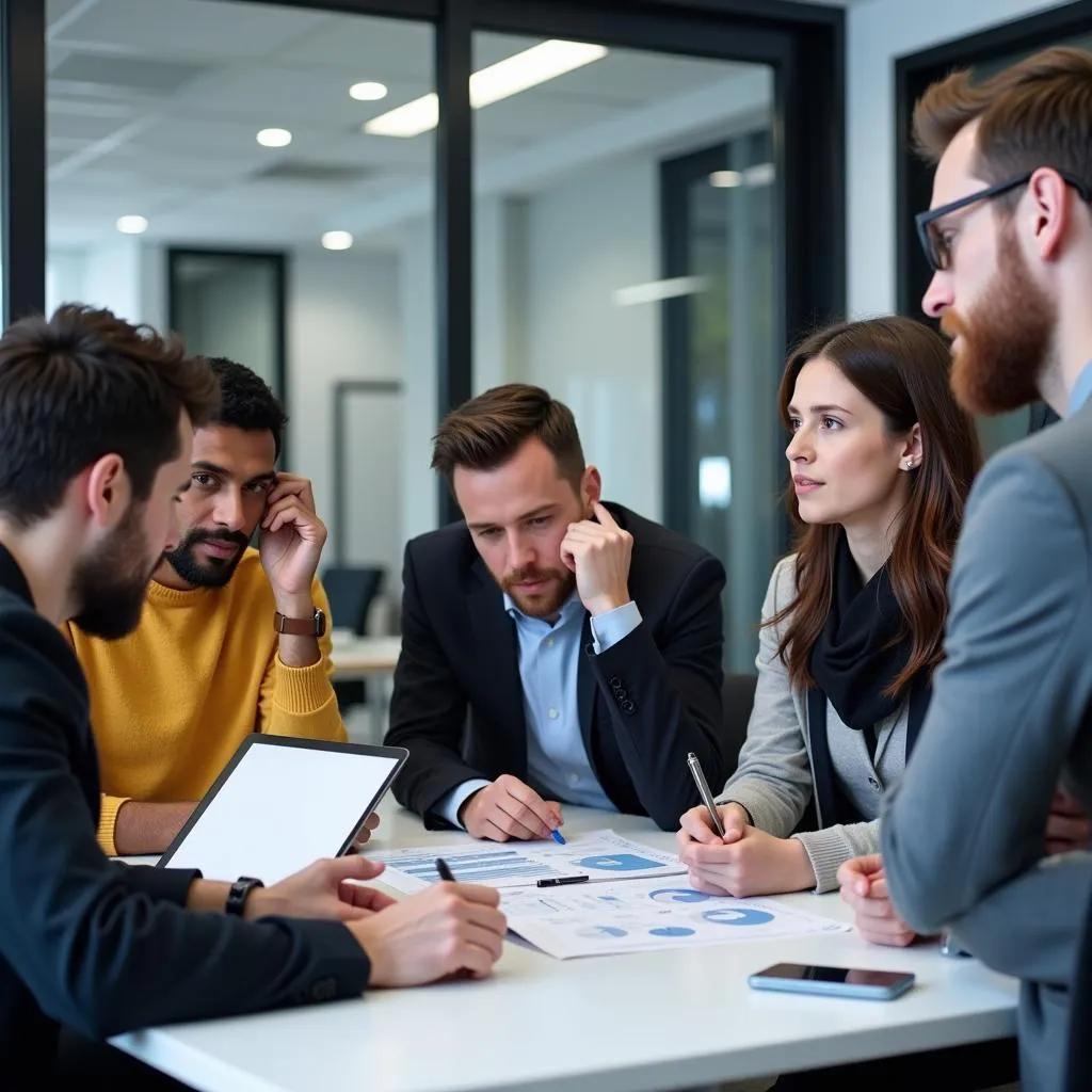 Team of automotive market researchers discussing insights