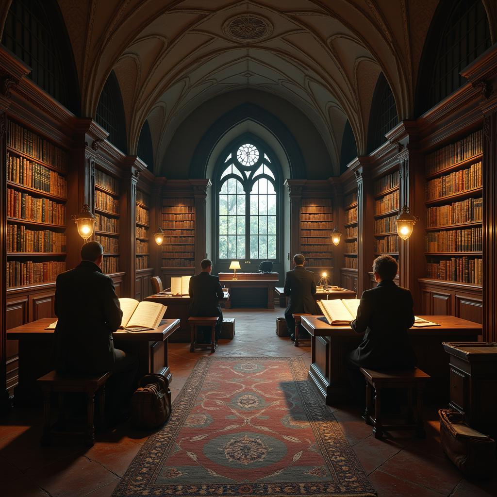 Researchers examining ancient texts in the Balch Art Research Library